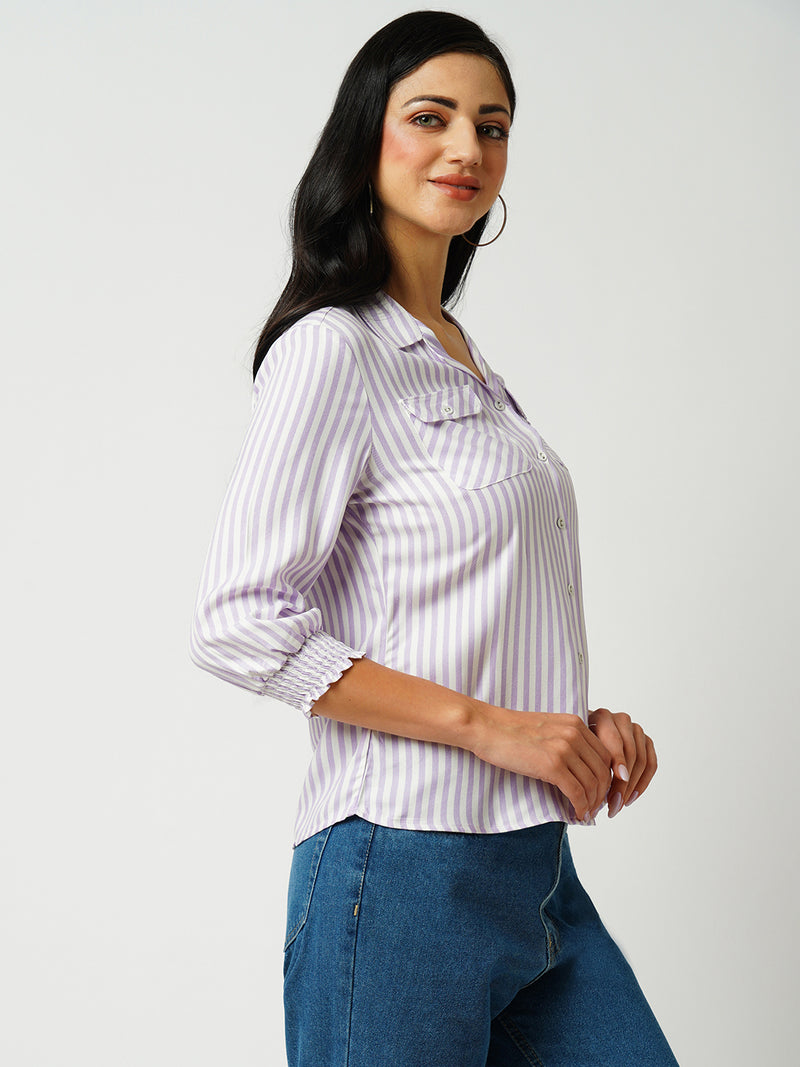 Women Lilac & White Striped Three-Quarter Sleeves Shirts