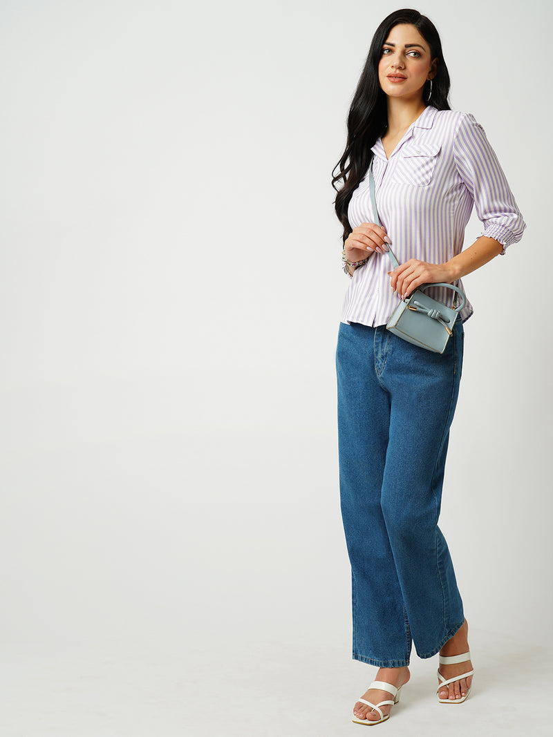 Women Lilac & White Striped Three-Quarter Sleeves Shirts