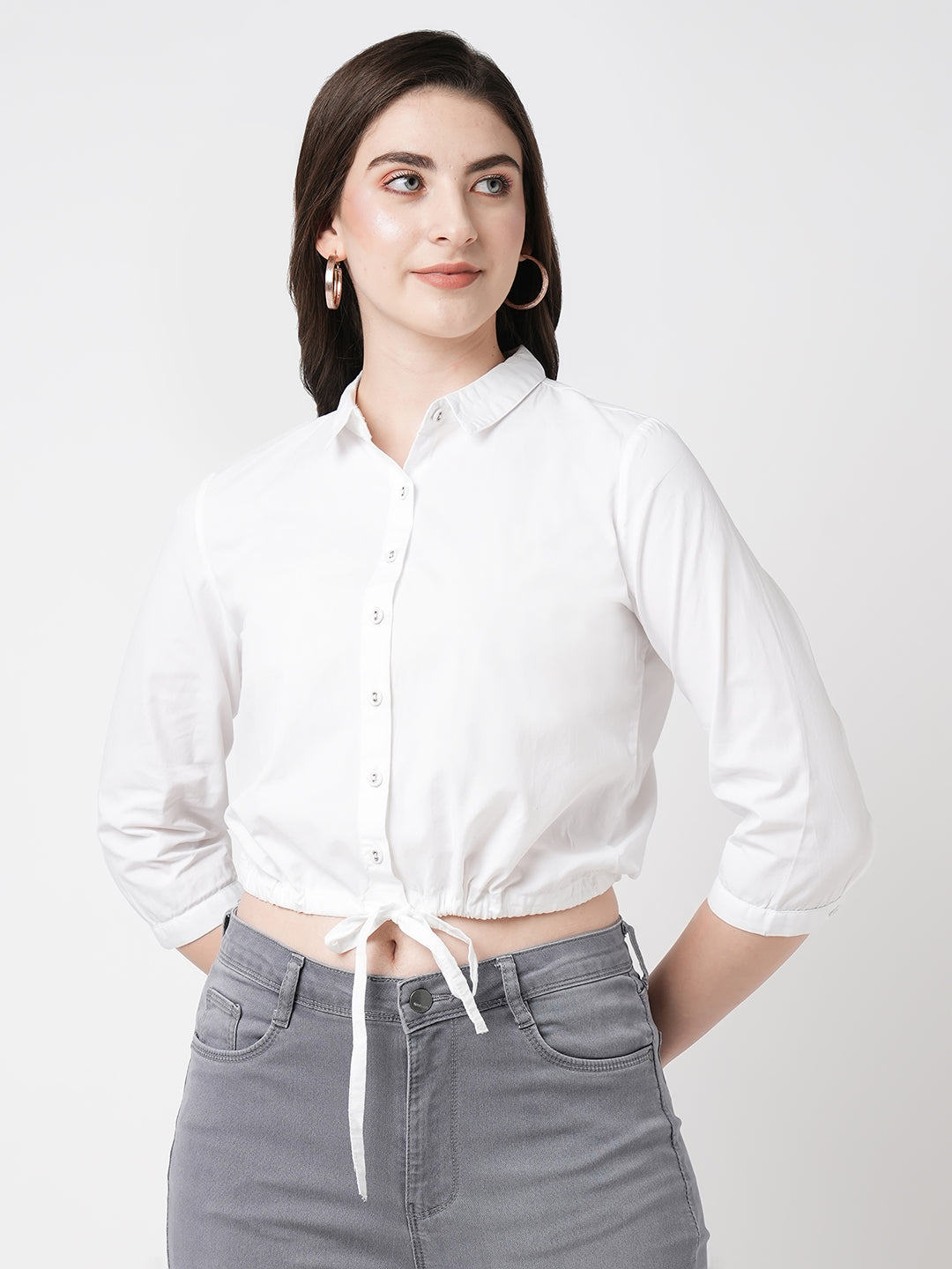 Women White Solid Three-Quarter Sleeves Shirts