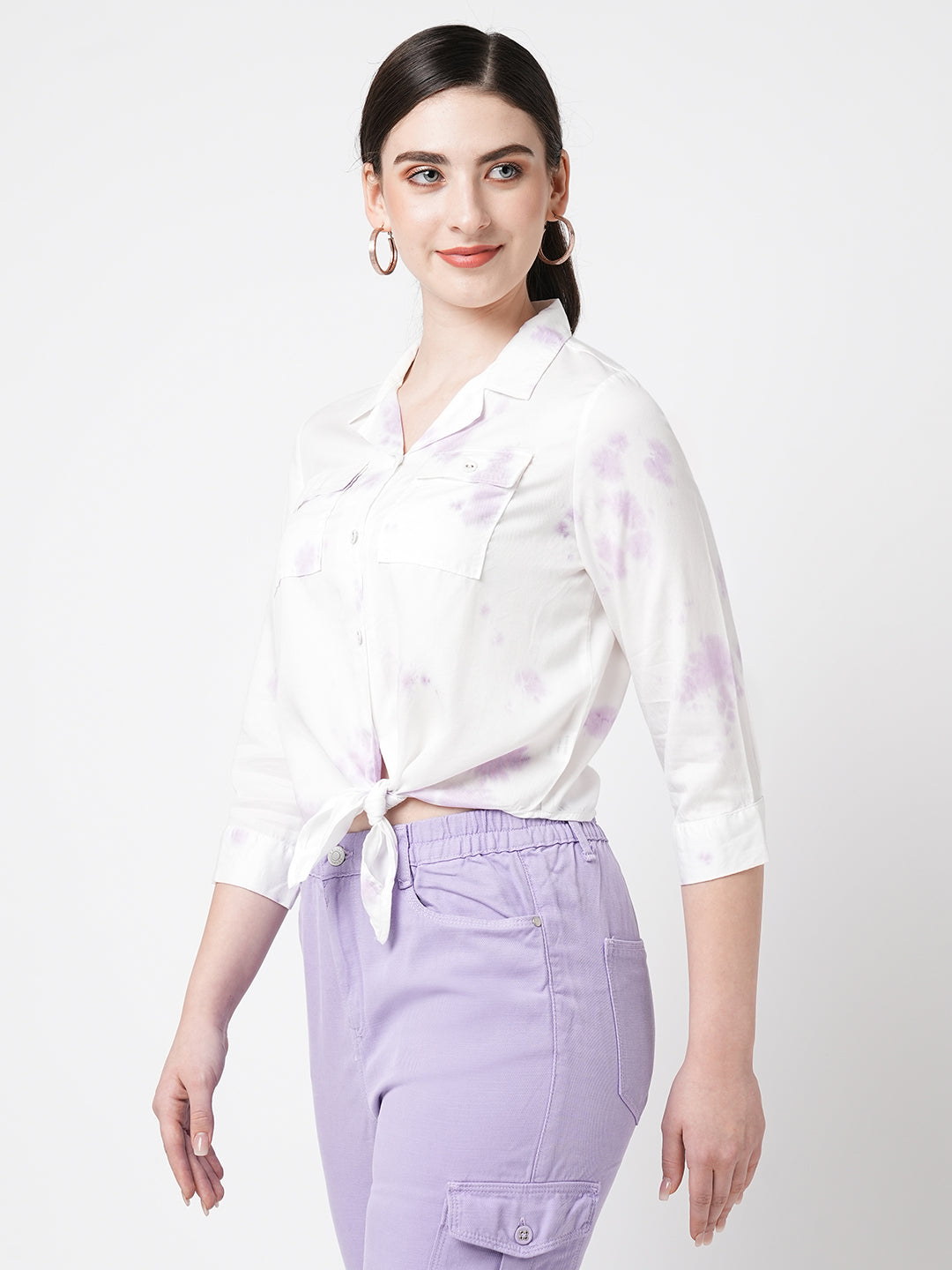 Women Lilac Tie & Dye Three-Quarter Sleeves Shirts