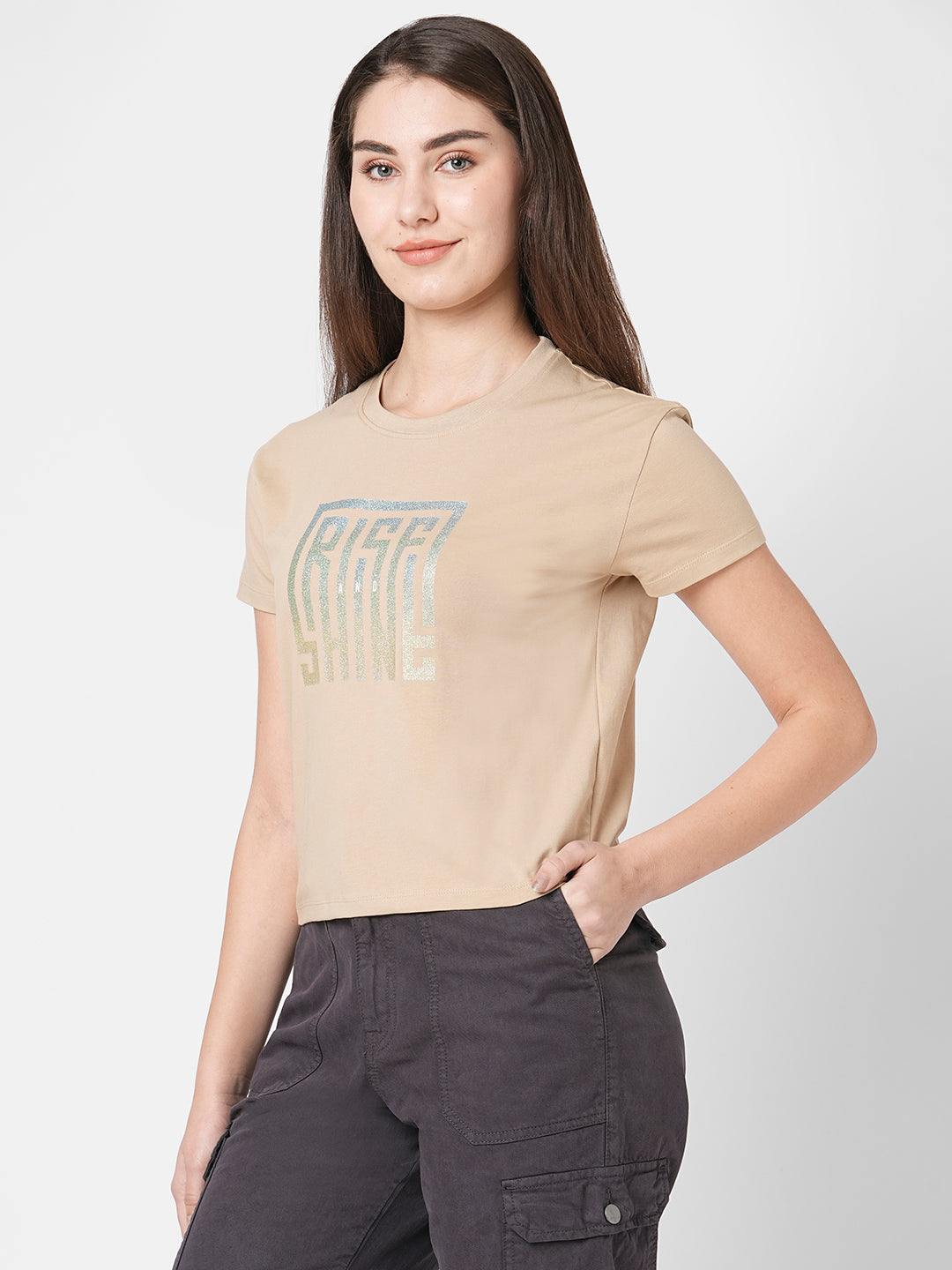 Women Typography Chest Print Slim Fit Crop T-Shirt