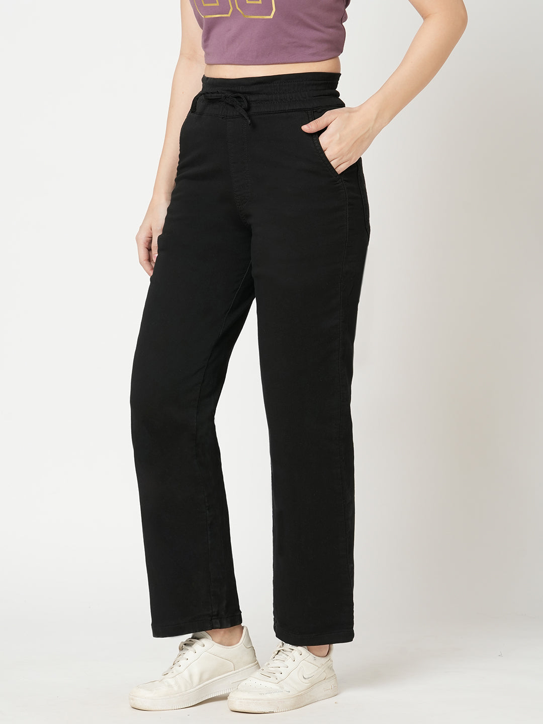 Women Black High-Rise Denim Joggers