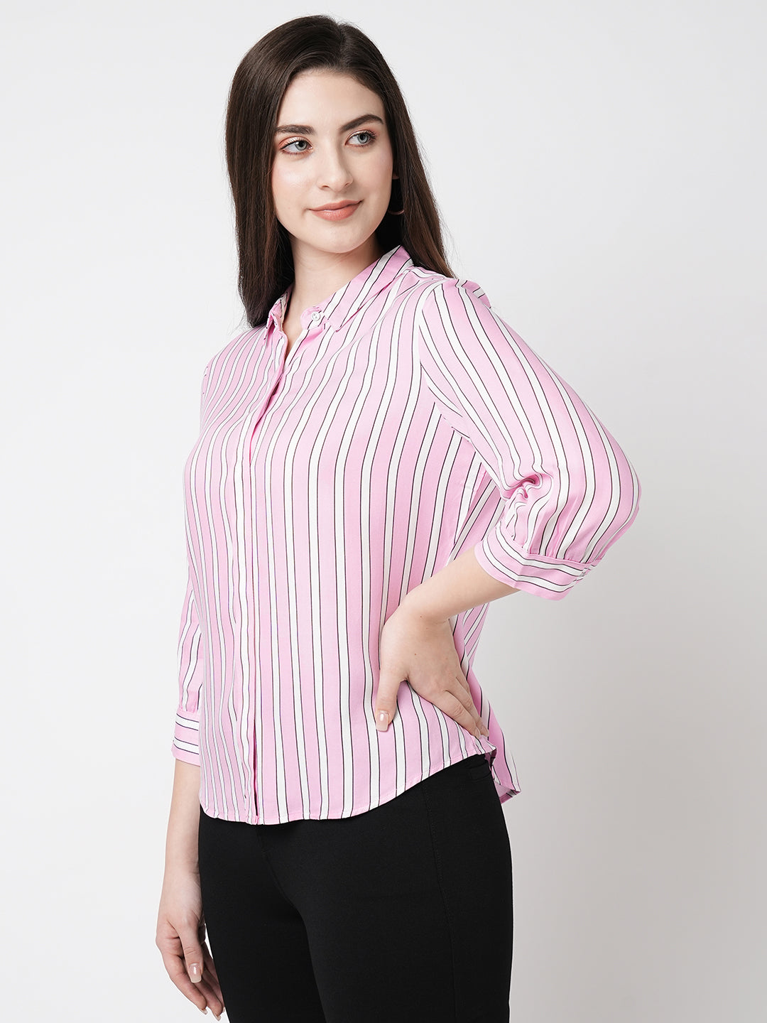 Women Digital Lavender & White Striped Three-Quarter Sleeves Shirts