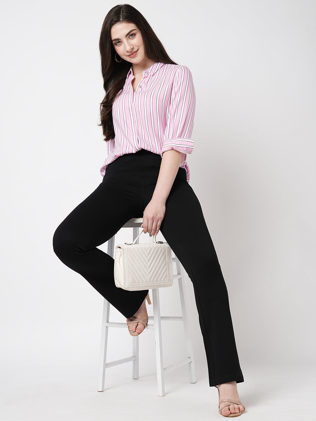Women Black High-Rise Mini Flare Treggings