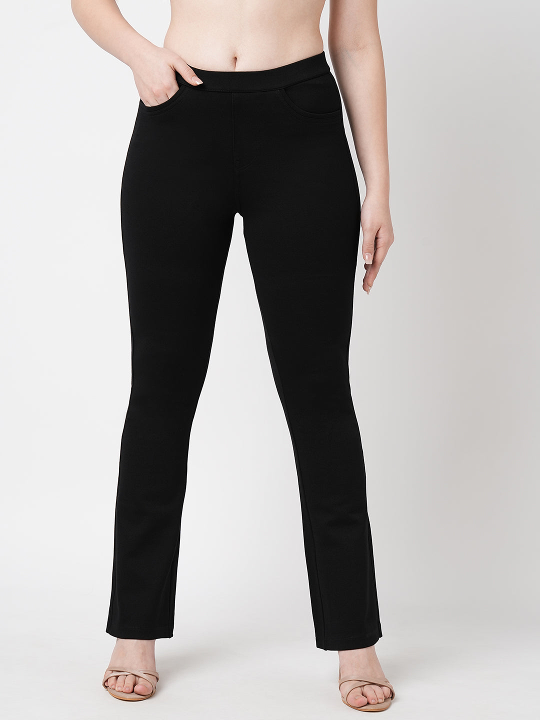 Women Black High-Rise Mini Flare Treggings