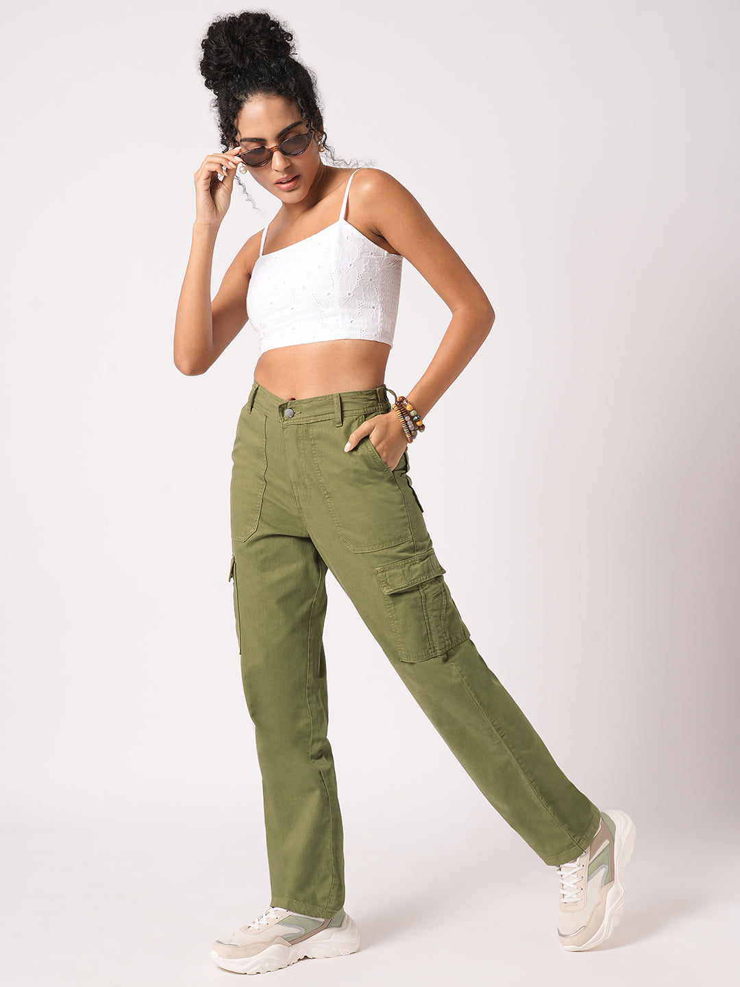 Women Dark Olive High-Rise Cargo