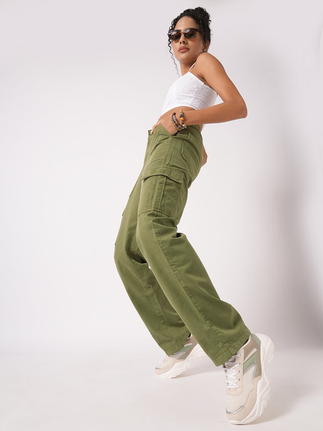 Women Dark Olive High-Rise Cargo
