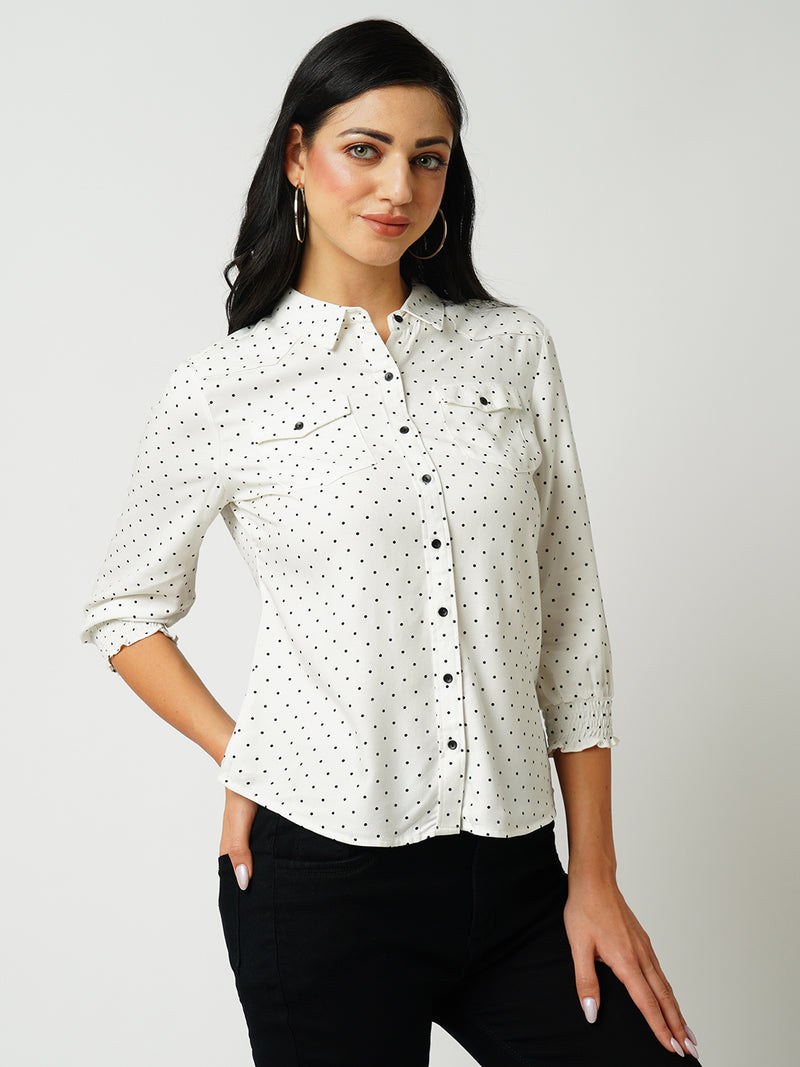Women Off White Polka Dot Three-Quarter Sleeves Shirts