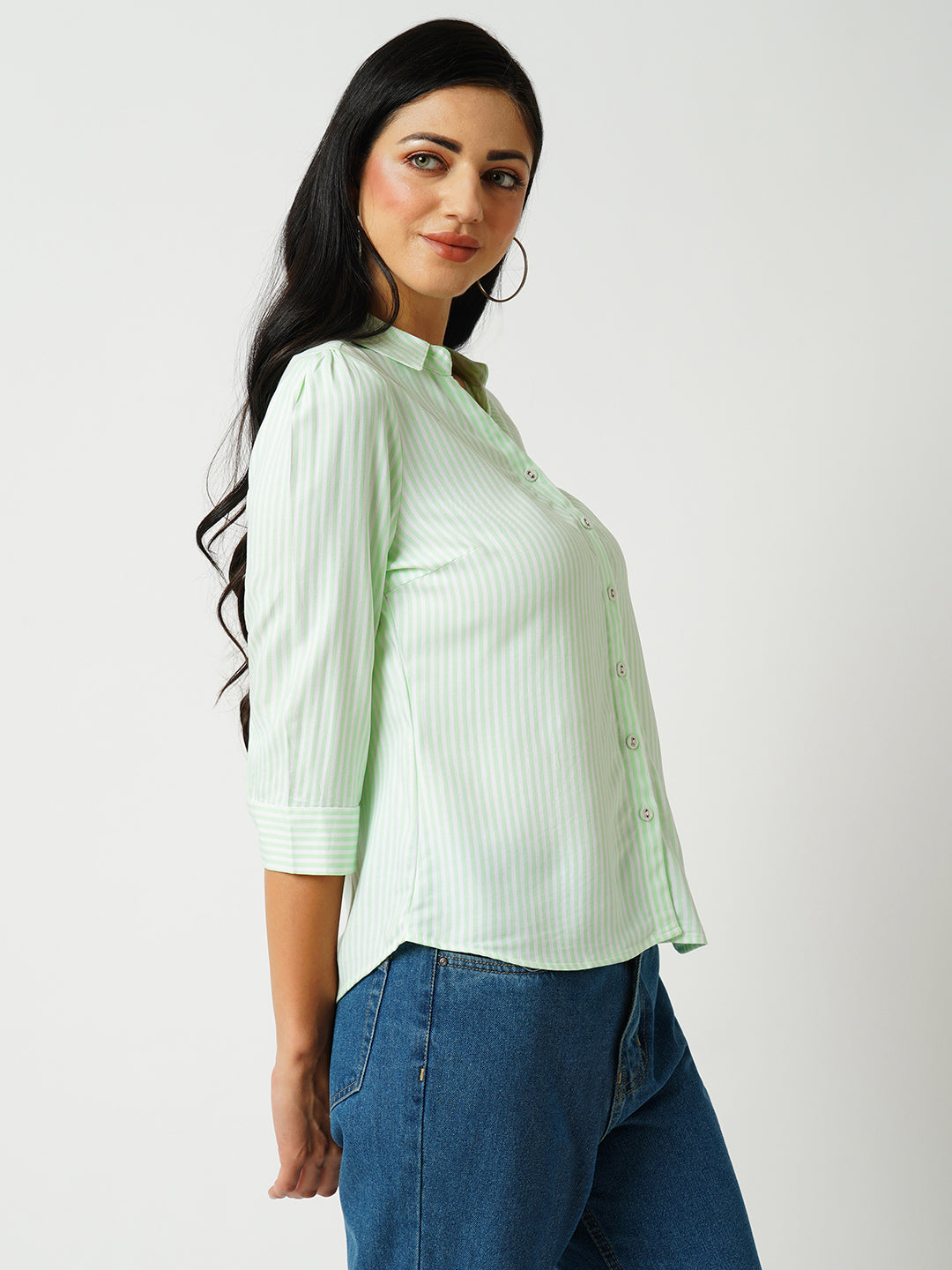 Women Mint Green Striped Slim Shirt