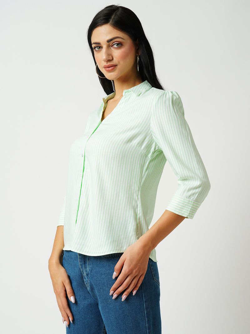 Women Mint Green Striped Three-Quarter Sleeves Shirts