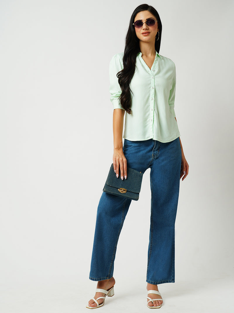 Women Mint Green Striped Three-Quarter Sleeves Shirts