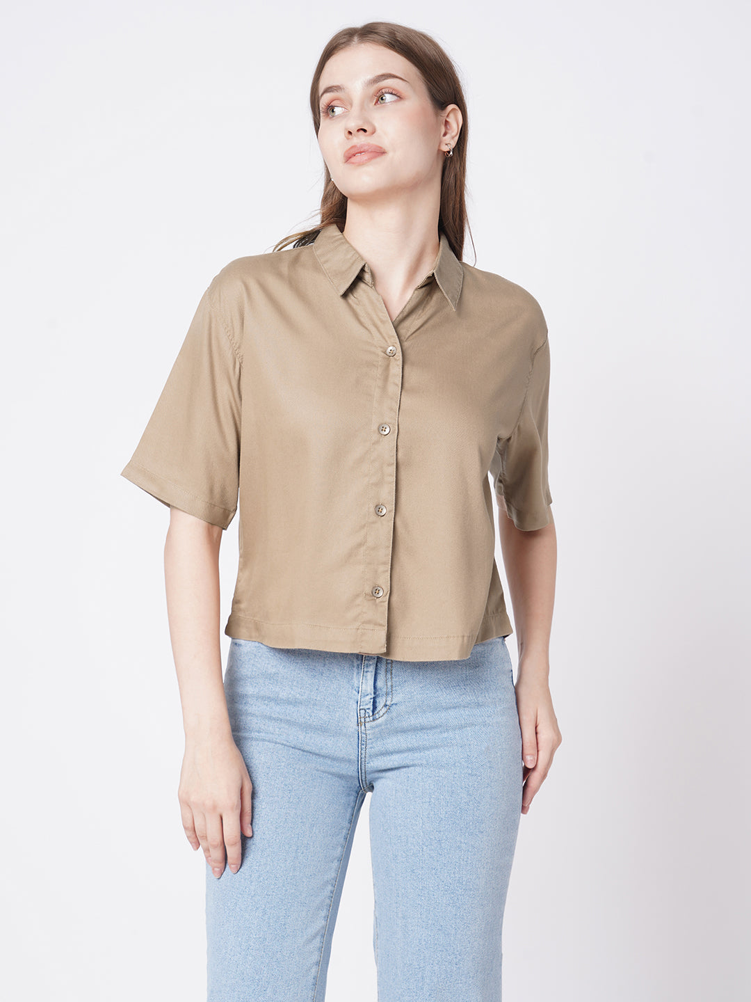 Women Slim Fit Dusty Rose Crop Shirt