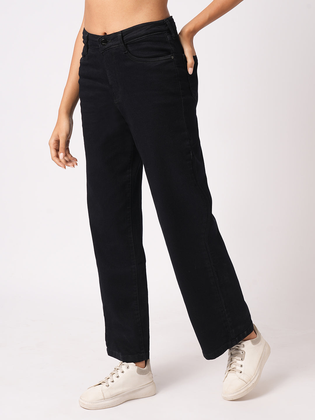 Women Jet Black High-Rise Wide Leg Jeans