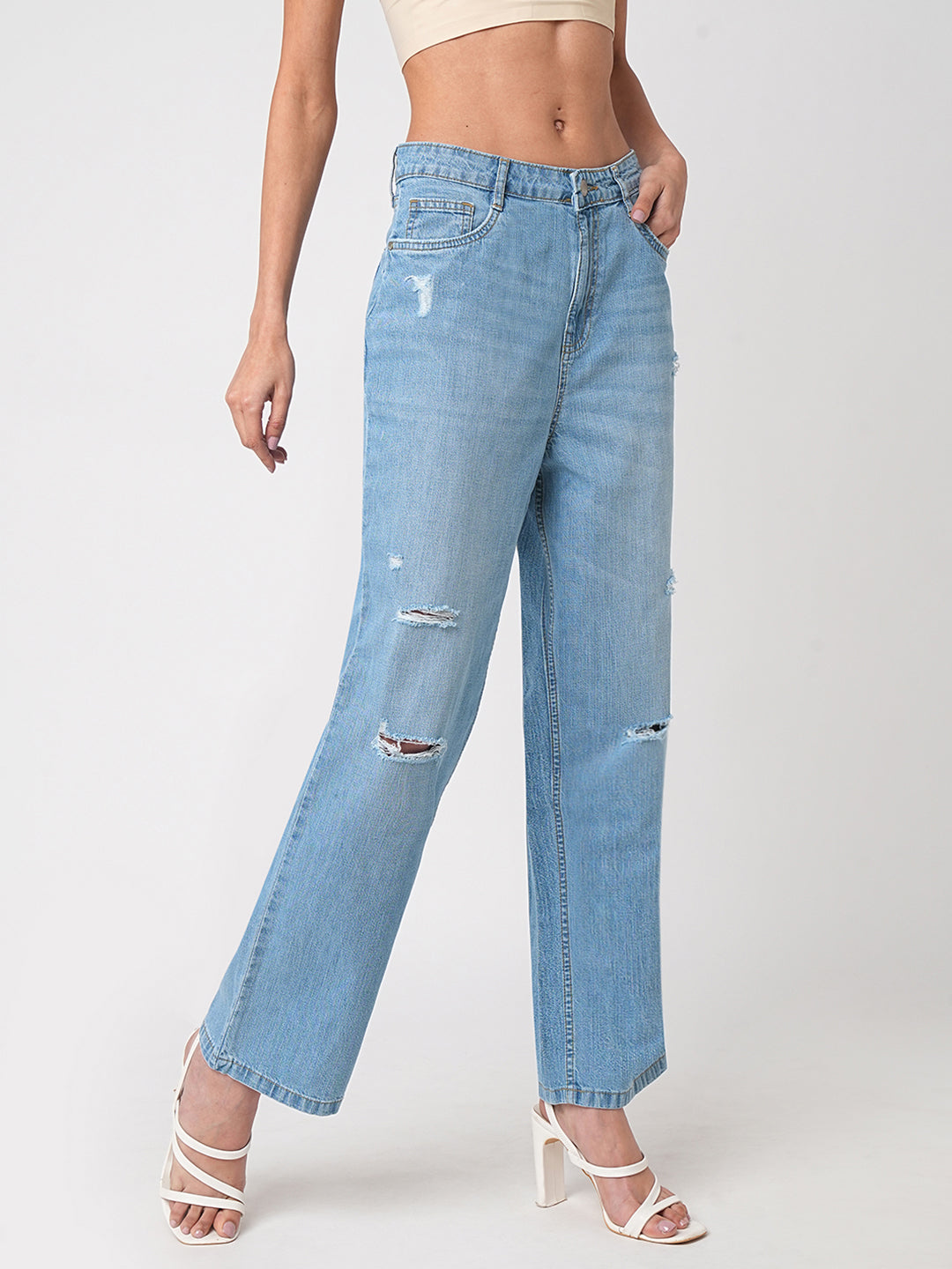 Women Blue High-Rise Loose Straight Jeans