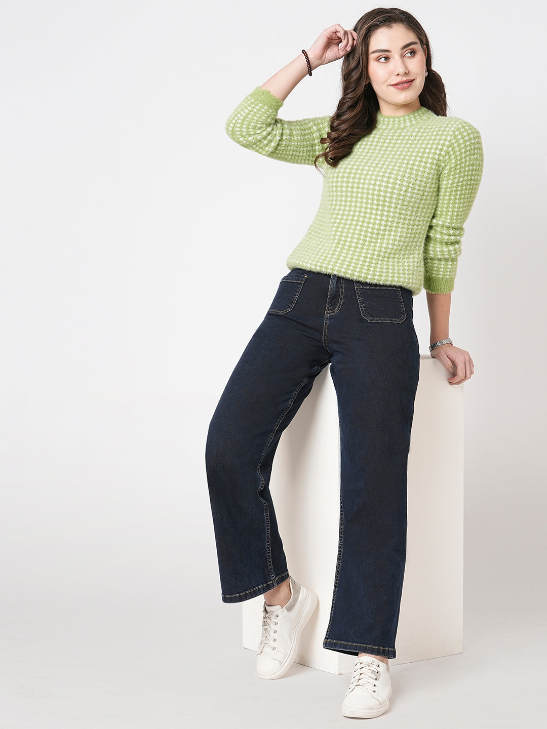 Women Dark Blue High Marine Wide Leg Jeans