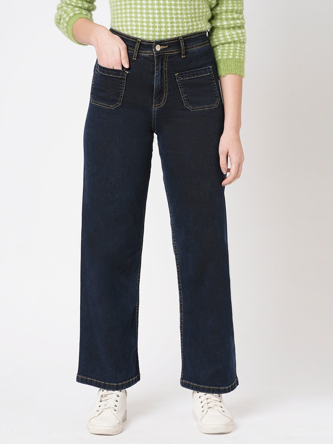 Women Dark Blue High Marine Wide Leg Jeans