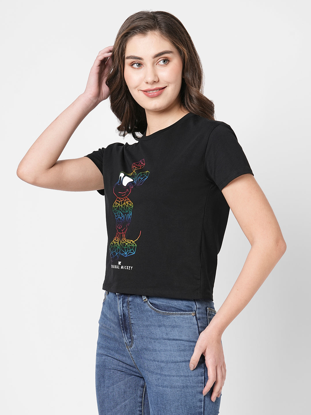 Women Mickey Chest Print Crop T-Shirt