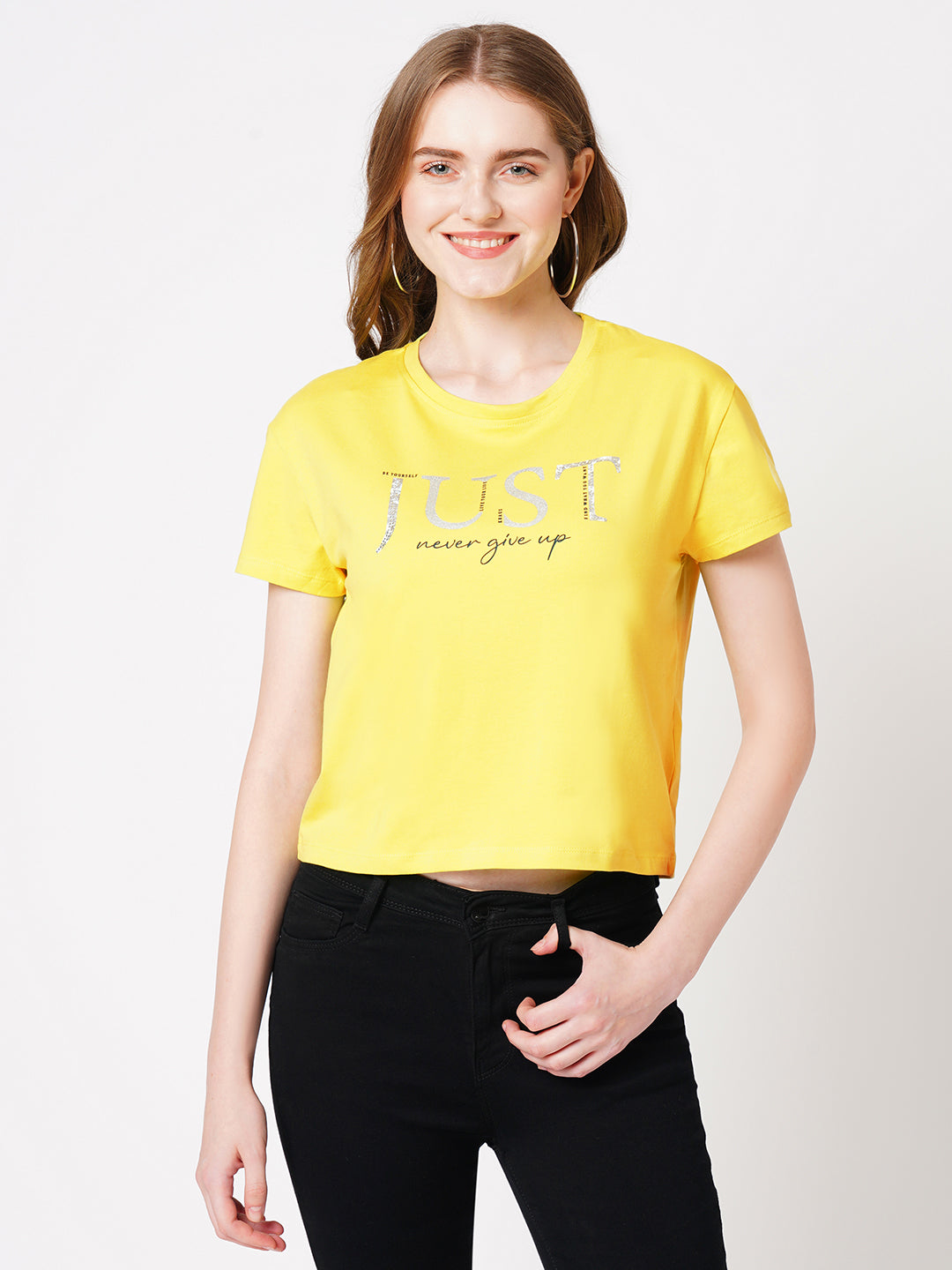 Women Typographic Print Slim Fit Crop T-Shirt