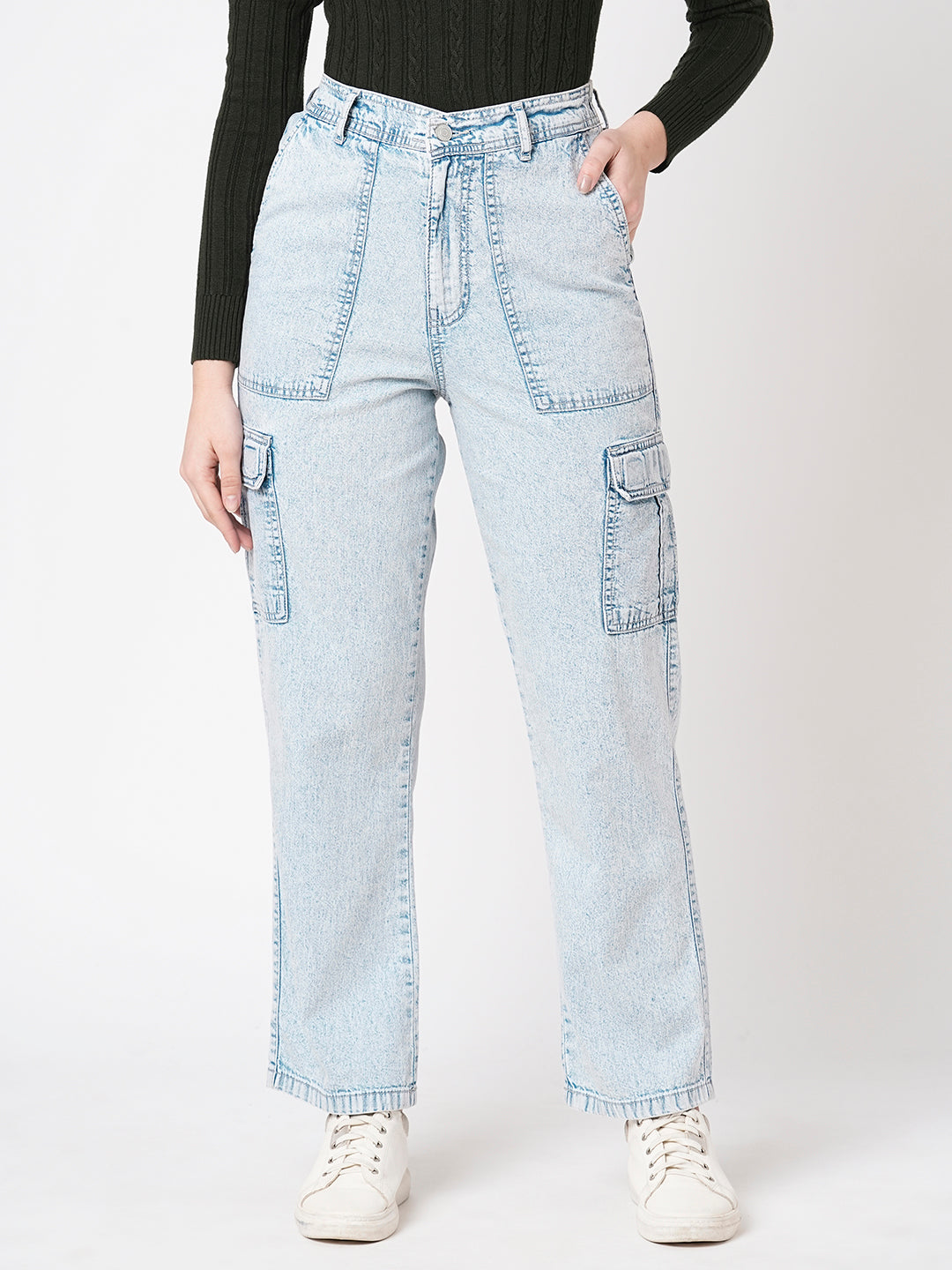 Women Light Blue Mid-Rise Cargo