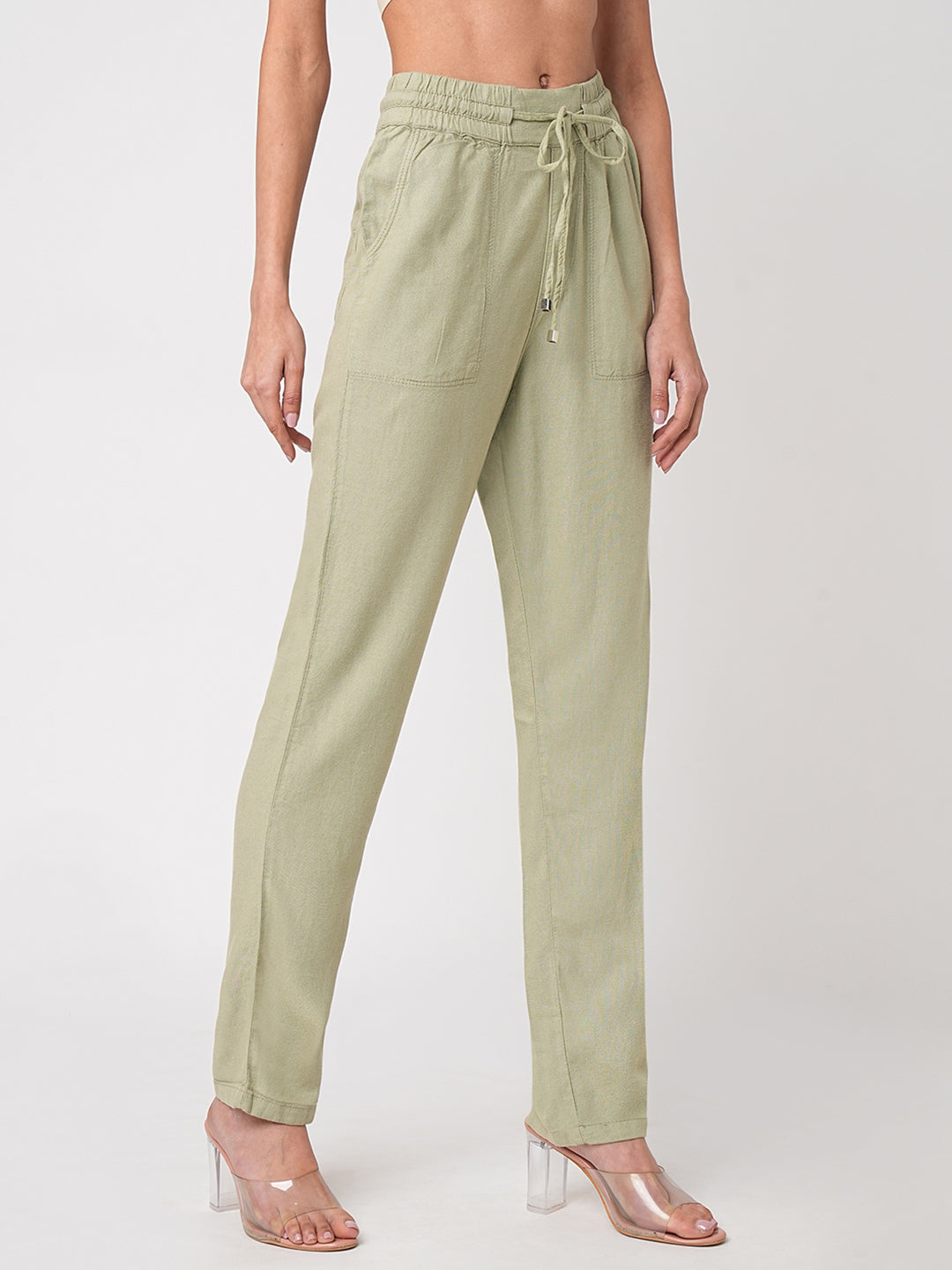 Women Light Olive High-Rise Paper Bag Pants