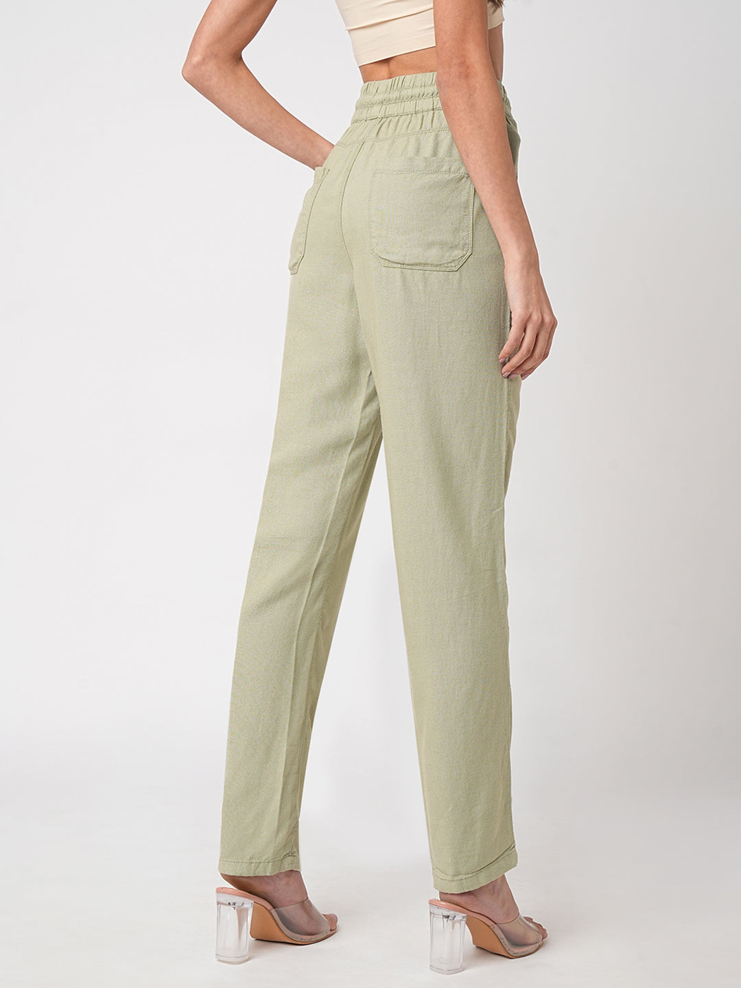 Women Light Olive High-Rise Paper Bag Pants