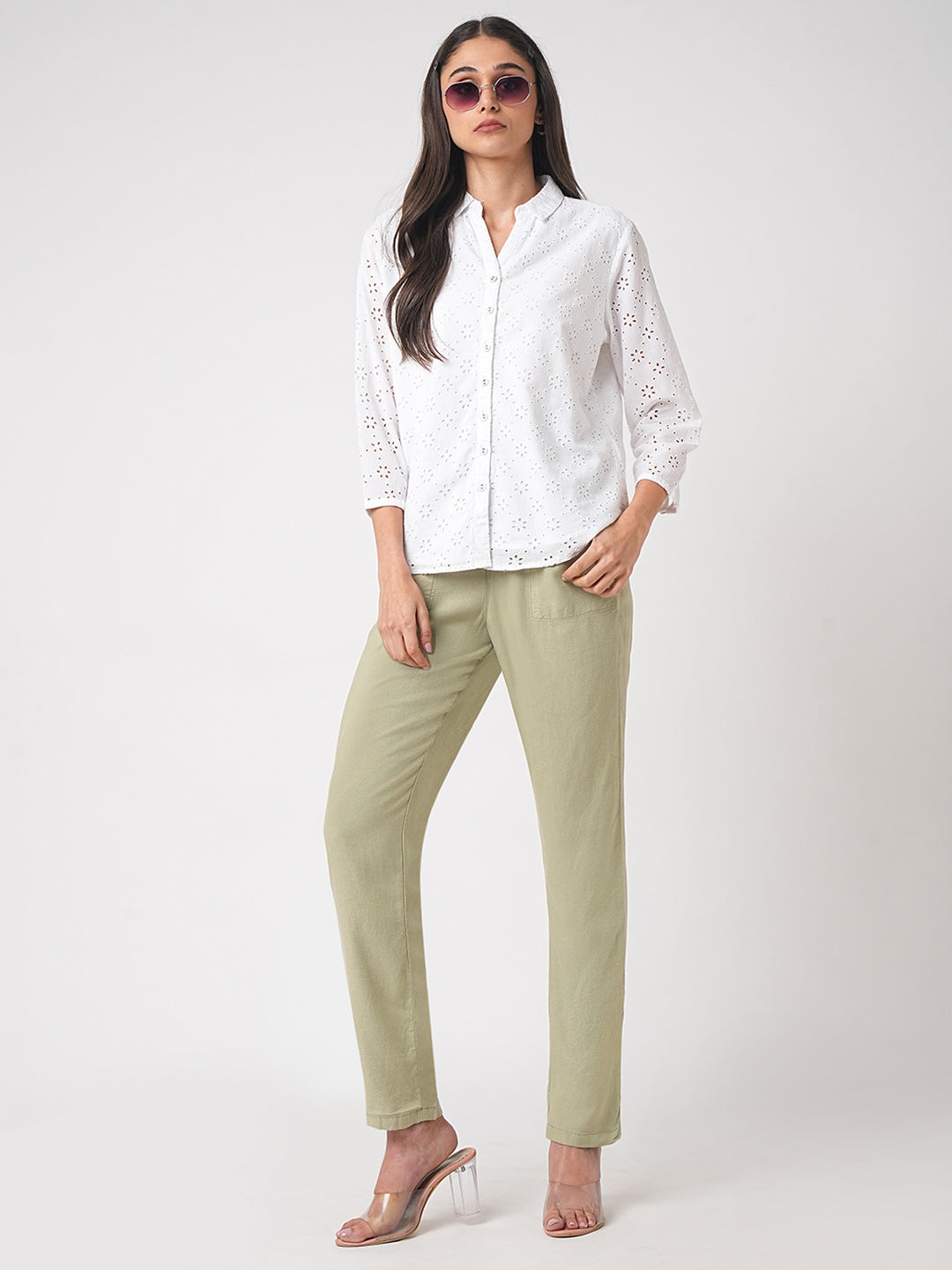 Women Light Olive High-Rise Paper Bag Pants