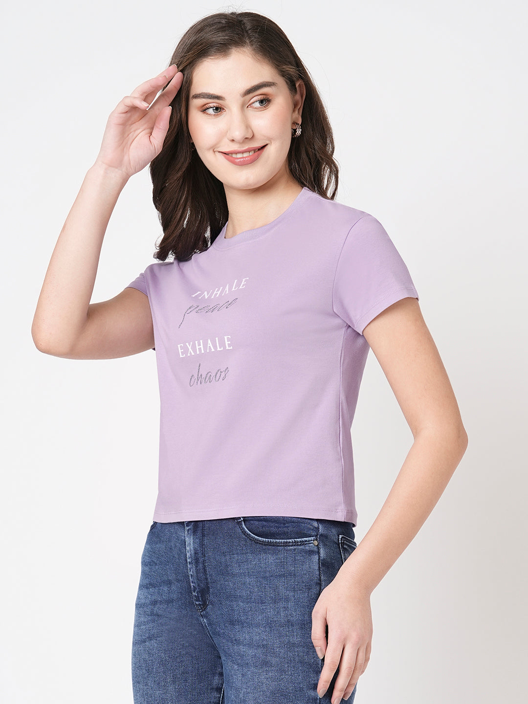 Women Typography Printed Crop Slim Fit Tshirt