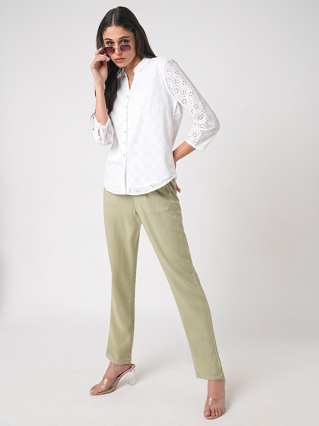 Women Light Olive High-Rise Paper Bag Pants