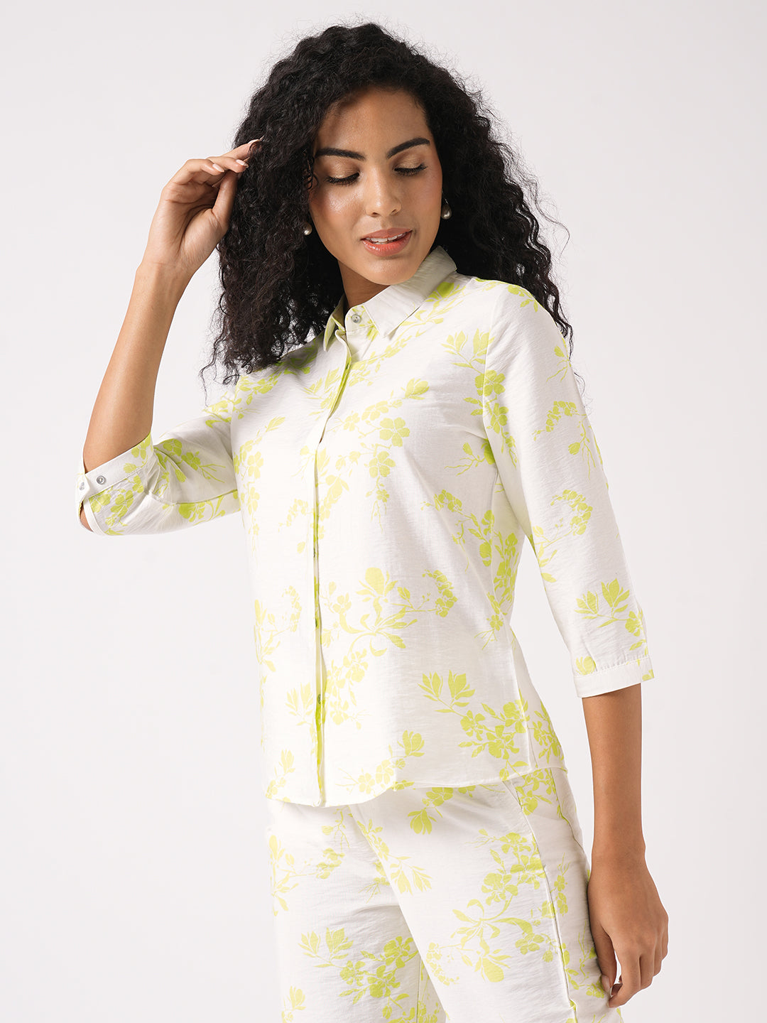 Women White/Lime Printed Shirt