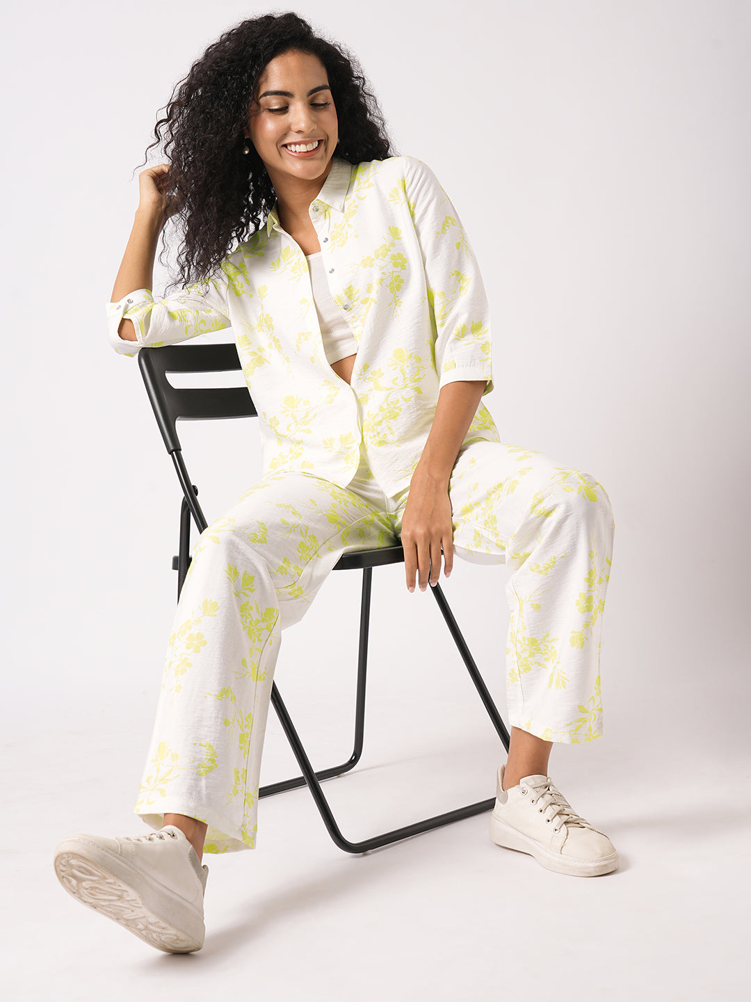 Women White/Lime Printed Shirt