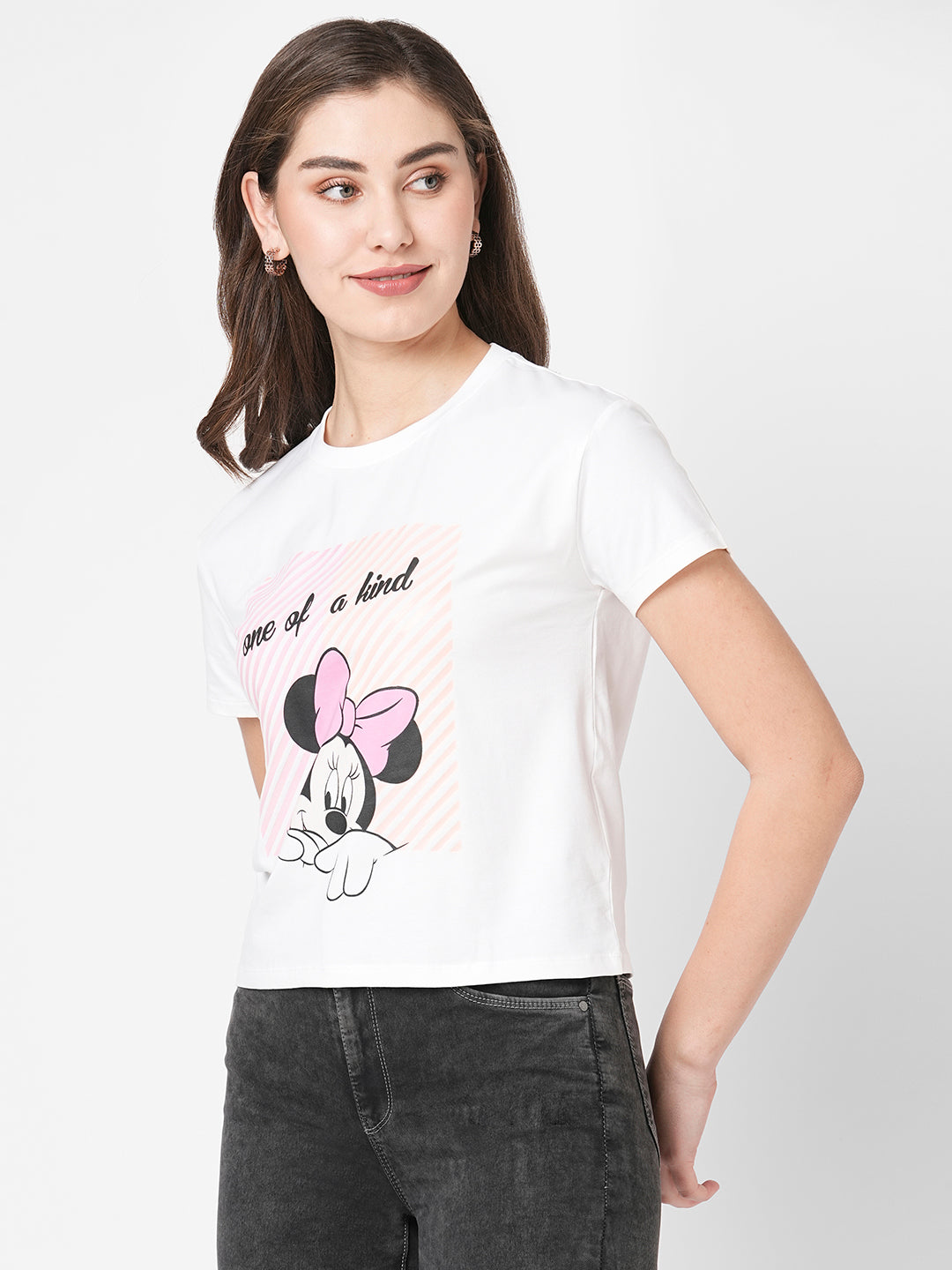 Women Mickey Chest Print Crop Slim Fit T-Shirt