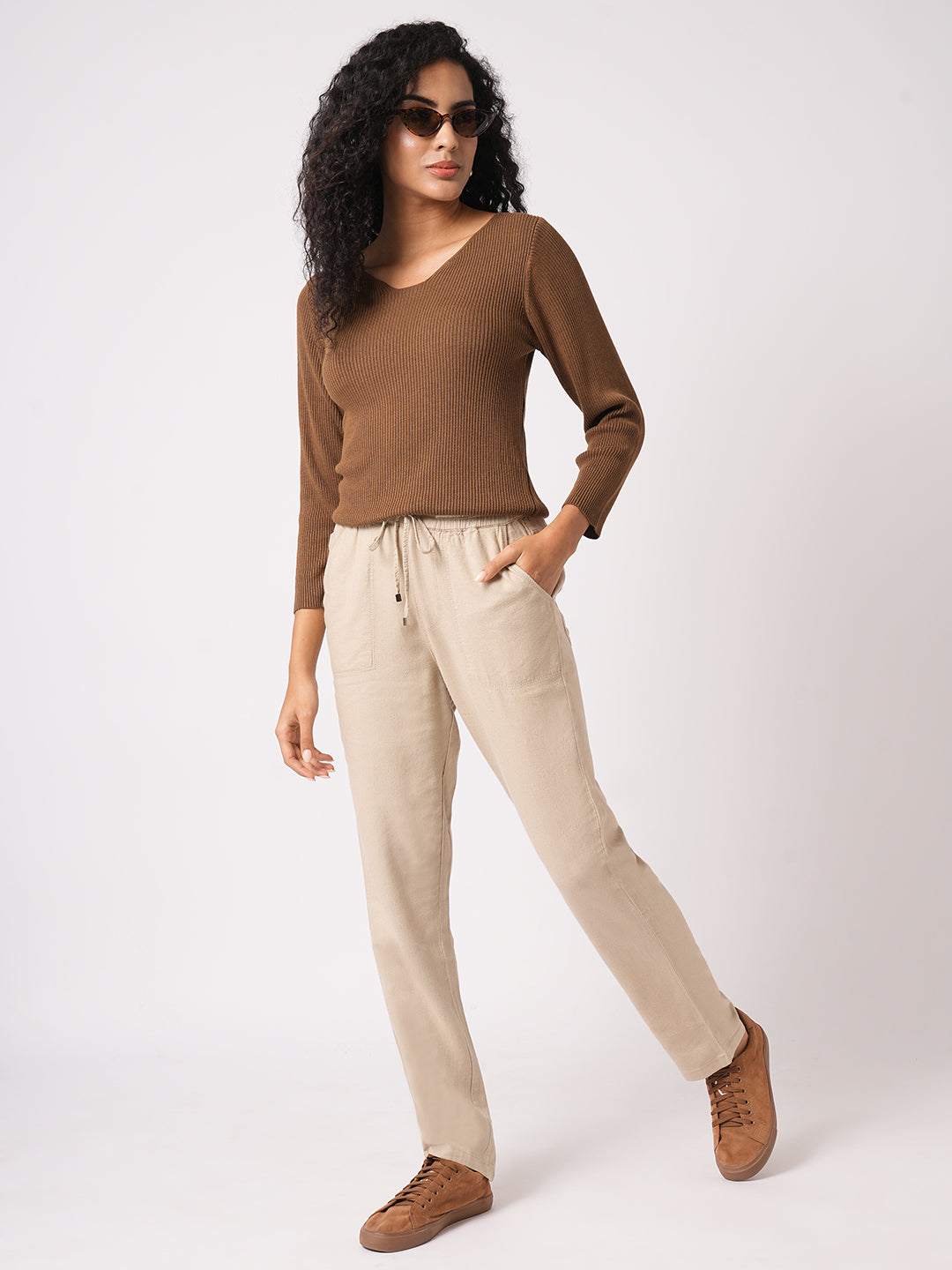 Women Oatmilk High-Rise Paper Bag Pants