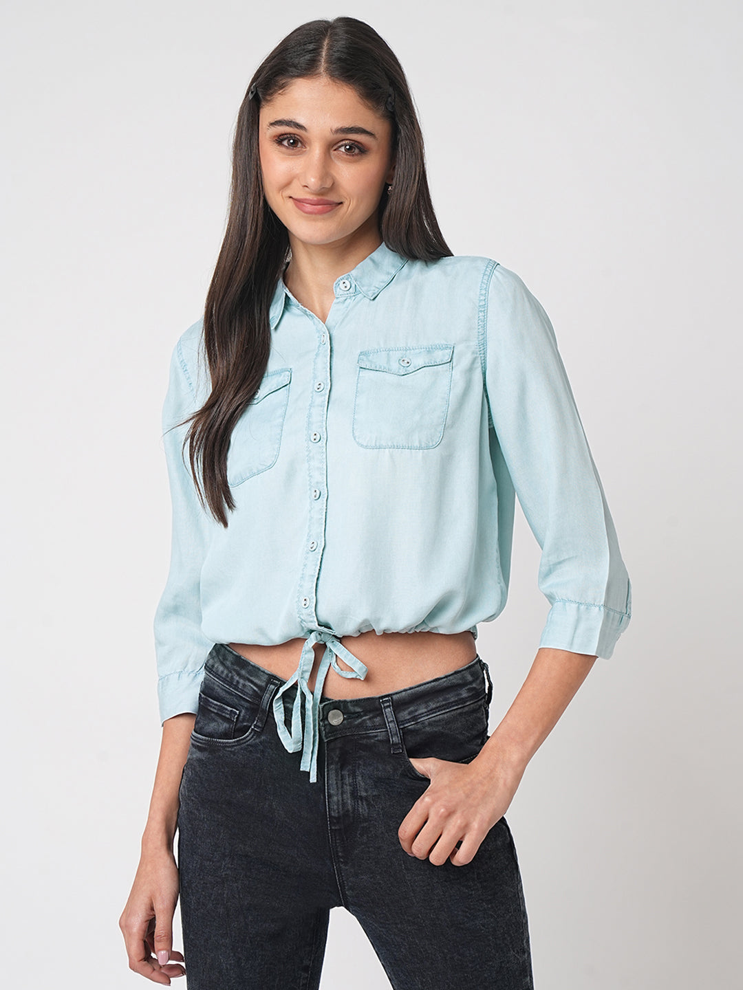 Women Light Blue Crop Shirt