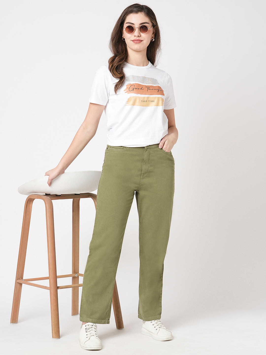 Women Olive High-Rise Loose Straight Fit Jeans