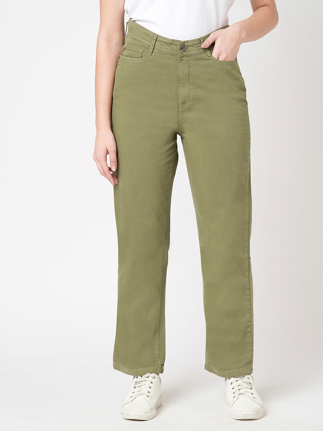 Women Olive High-Rise Loose Straight Fit Jeans