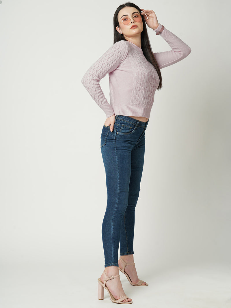 Women Powder Pink Solid Full Length Sweaters & Sweatshirts