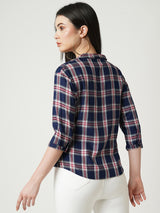 Women Navy Checked Three-Quarter Sleeves Shirts