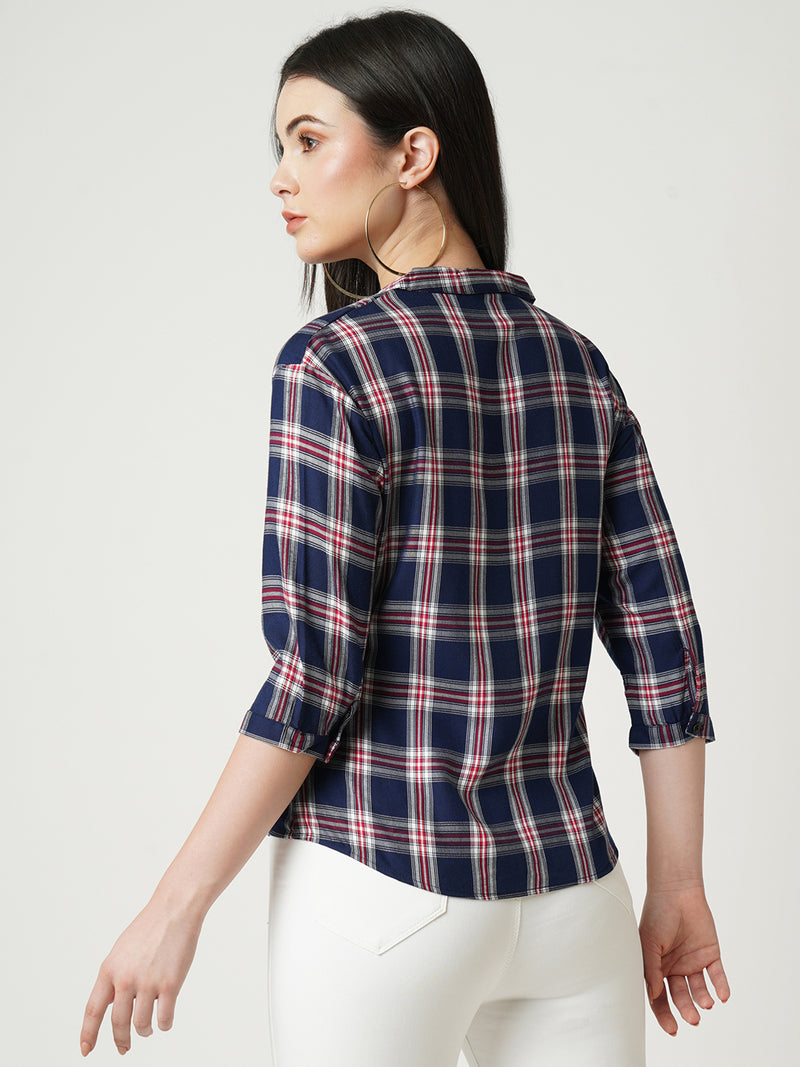 Women Navy Checked Three-Quarter Sleeves Shirts