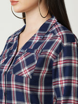 Women Navy Checked Three-Quarter Sleeves Shirts