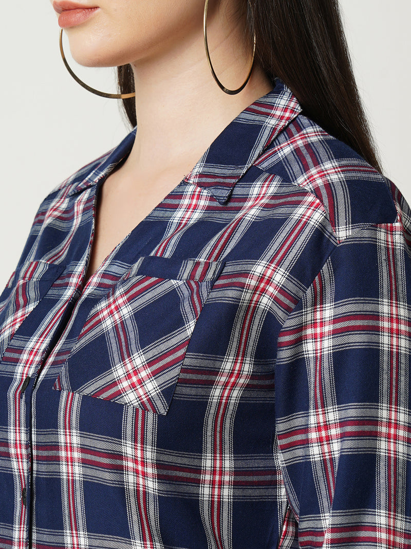 Women Navy Checked Three-Quarter Sleeves Shirts