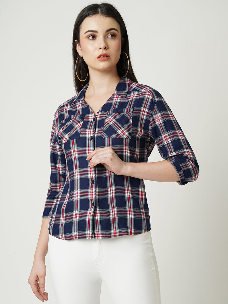 Women Navy Checked Three-Quarter Sleeves Shirts
