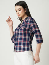 Women Navy Checked Three-Quarter Sleeves Shirts