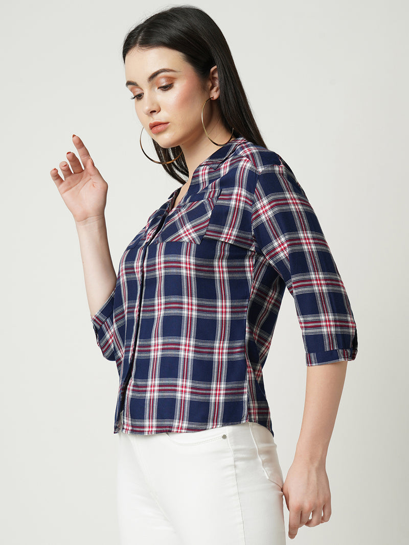 Women Navy Checked Three-Quarter Sleeves Shirts
