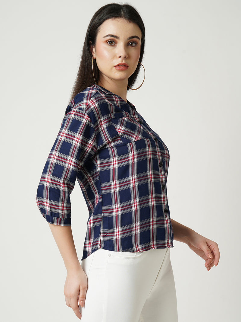 Women Navy Checked Three-Quarter Sleeves Shirts