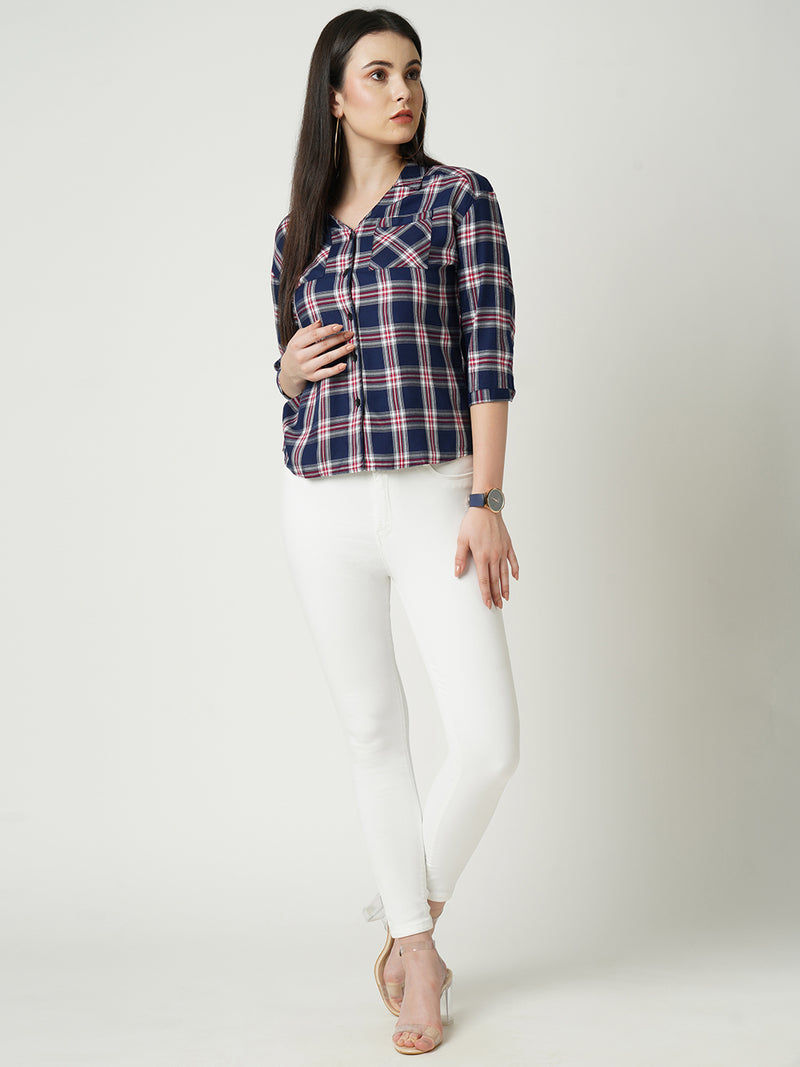 Women Navy Checked Three-Quarter Sleeves Shirts