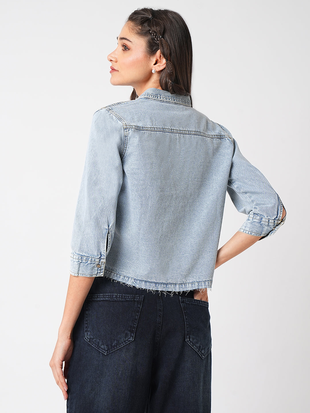 Women Light Blue Crop Shirt