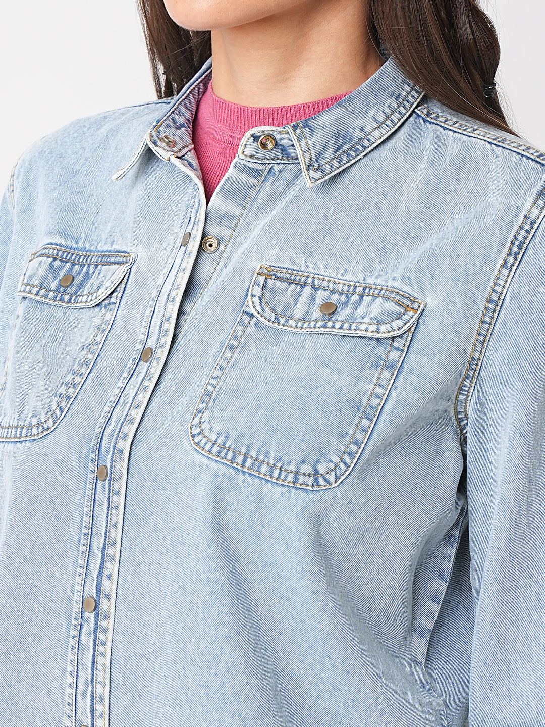 Women Light Blue Crop Shirt