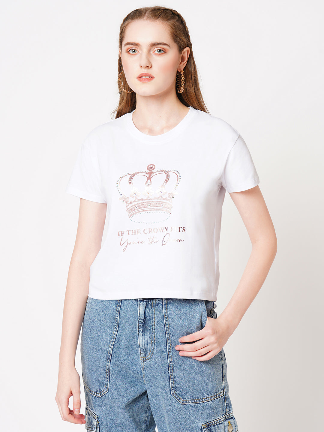 Women Chest Crown Print Casual Slim Fit T-Shirt