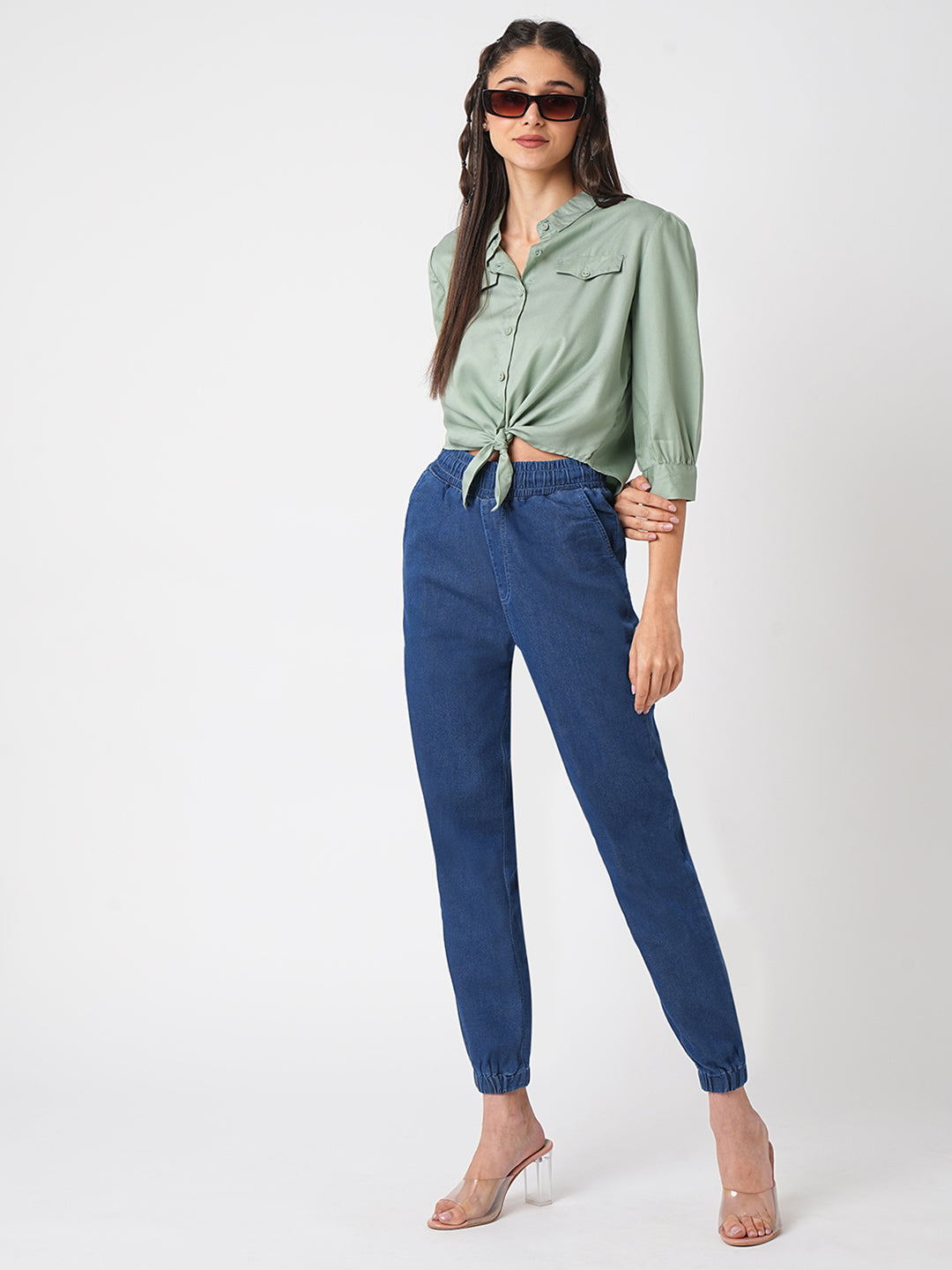 Women Blue High-Rise Denim Joggers