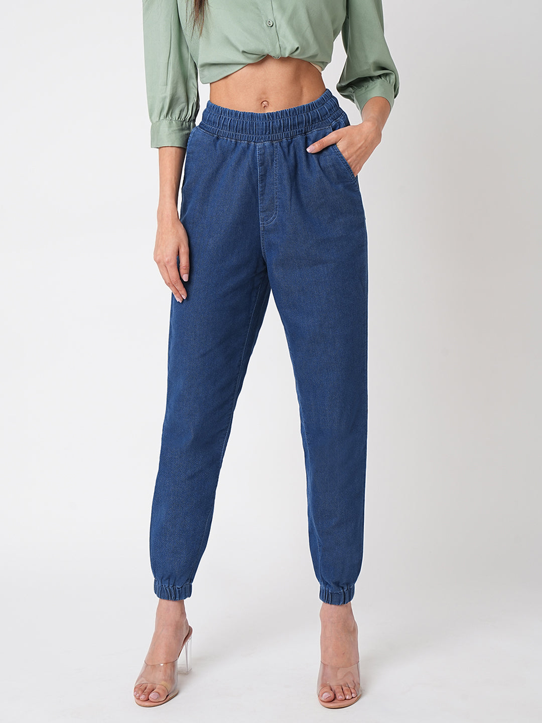 Women Blue High-Rise Denim Joggers